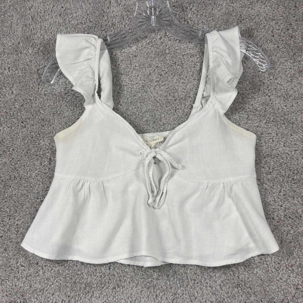 LA Hearts White Linen Blend Ruffle Strap Tie Front Peplum Tank Top XS RN090233